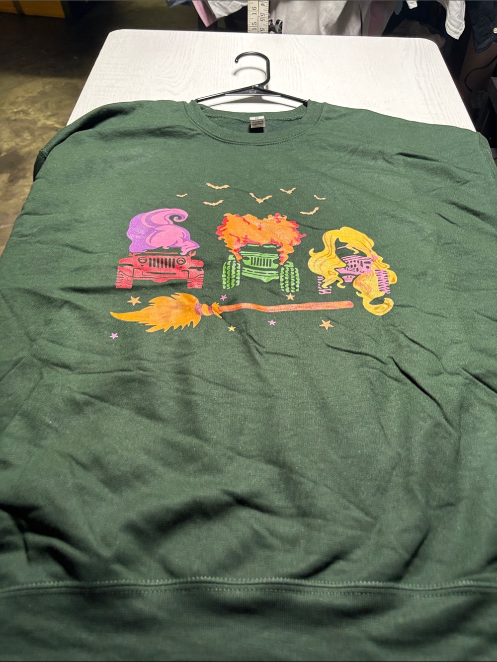 Gildan Dark Green Sweatshirt with Colorful Witch Jeep Graphic